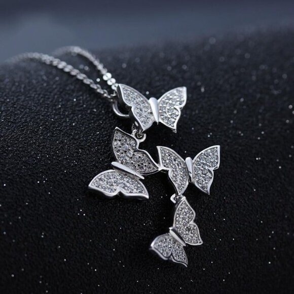 Real 925 Sterling Silver Long Zircon Butterfly Necklaces Pendant Fashion Sterlin - Picture 7 of 8